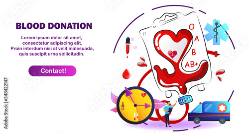 Blood donation design. Creative donor poster and cute character. Blood Donor banner. Red drop. Donation volunteer. Blood donation medical poster. Save human life concept. Vector illustration