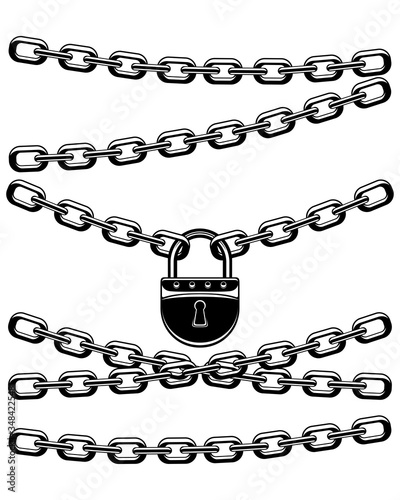 Black padlock with chains on a white background.
