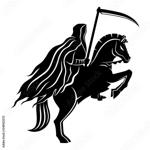 The horseman of death with a scythe on a white background.