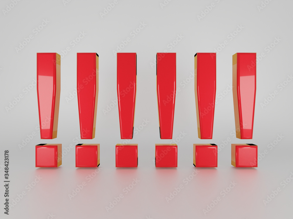 Red exclamation marks isolated on white. 3D render.