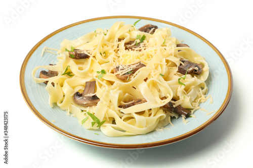 Plate with pasta, cheese and mushrooms isolated on white background