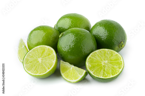 four lime with half and slice isolate on white background