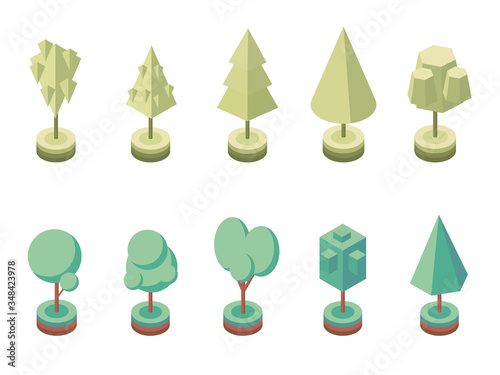 Set trees isometric. Landscape constructor kit. Icons for city maps, games. Vector Illustration