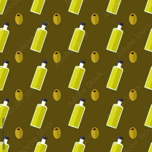 Seamless pattern with olives and olive oil bottles. Flat design on the dark background. Vector illustration