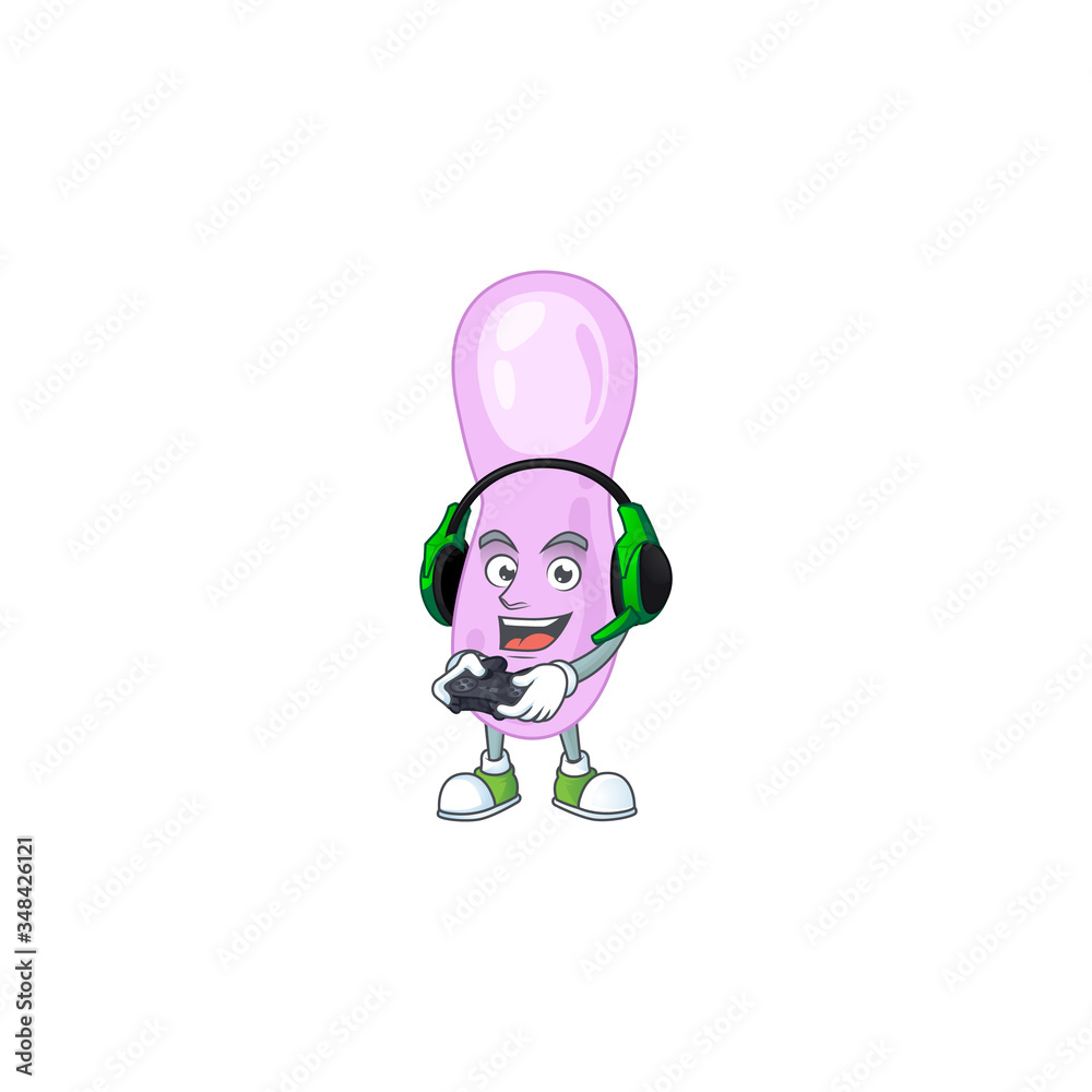 A cartoon design of clostridium botulinum clever gamer play wearing headphone