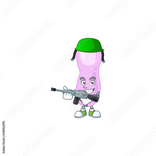 A mascot design picture of clostridium botulinum as a dedicated Army using automatic gun