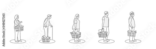 Line at cash desk. Men and women in medical face mask buying groceries in shop. Keep safe distance. Protect. Line drawing vector illustration.