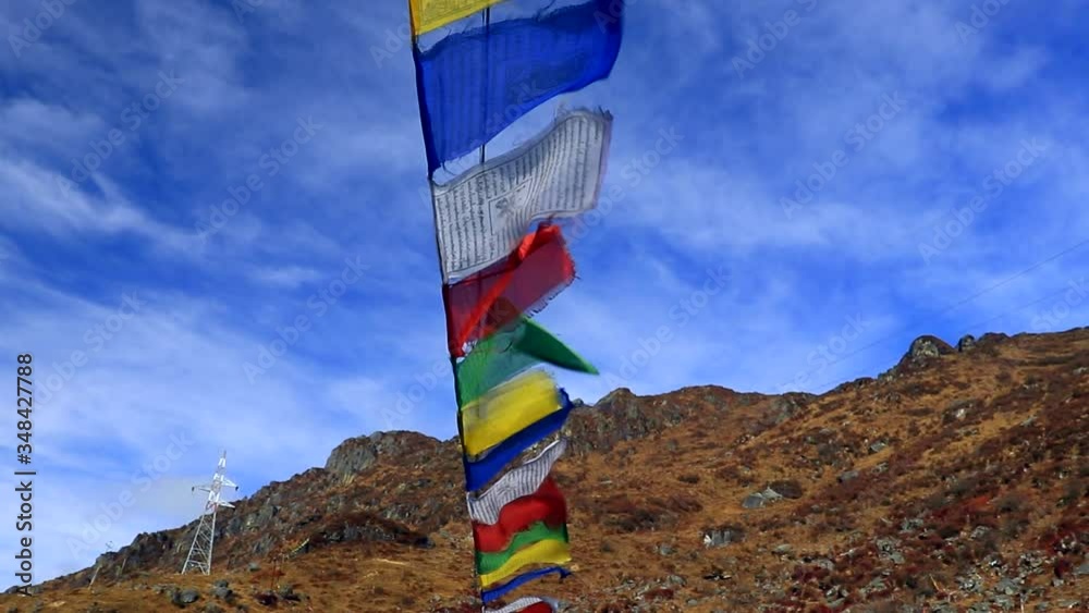 buddhist religious colorful flags hoisted with the sky background Stock ...