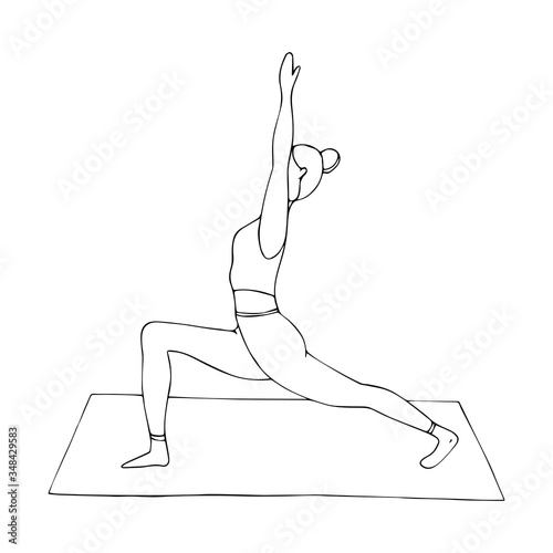 A young girl is engaged in Hatha yoga. The warrior pose. Anjaneyasana. Gymnastics, healthy lifestyle. Doodle style. Black and white vector illustration. Hand drawn, isolated on a white background