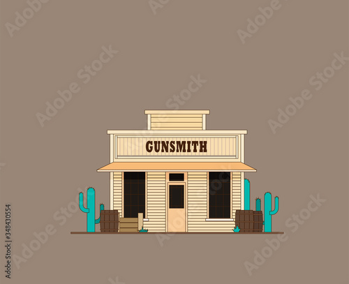 Western town rustic gunsmith weapons and ammunition`s supply store in flat design style isolated on color background