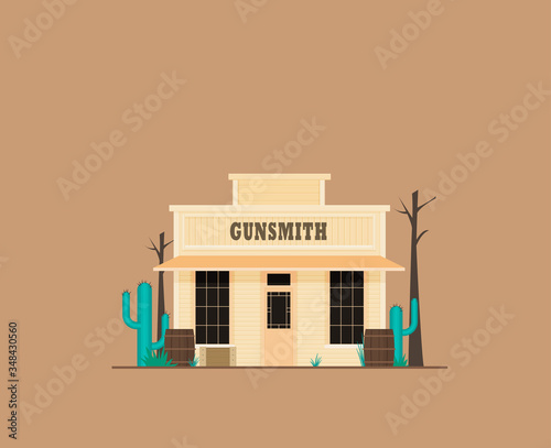 Western town rustic gunsmith weapons and ammunition`s supply store in flat design style isolated on color background