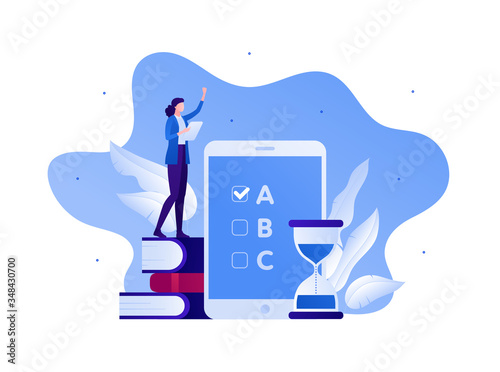 Student education and examination concept. Vector flat person illustration. Female stand on stack of book. Hourglass sign and mobile device with test on screen. Design for banner, web, infographic.