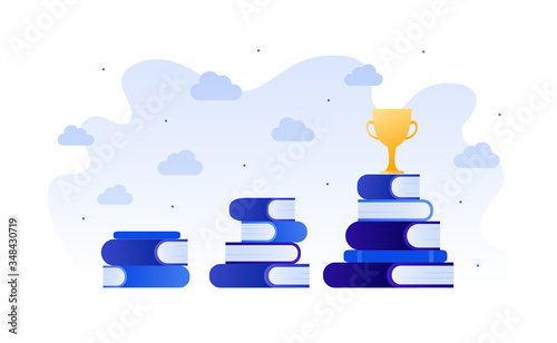 Student education and ladder of success concept. Vector flat illustration. Group of growing stack of book. Trophy cup award symbol on sky background. Design for college banner, web, infographic