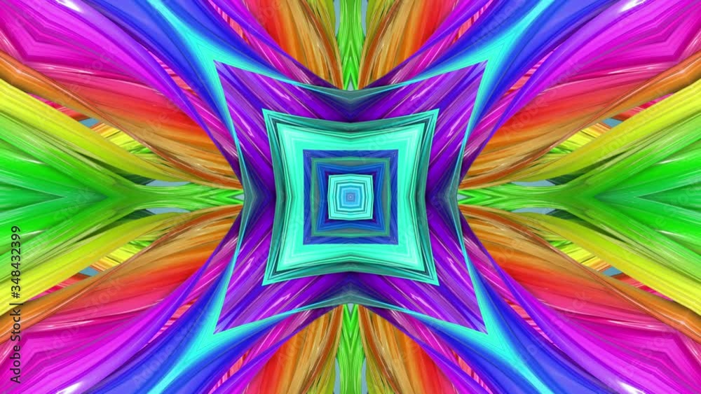 Bright abstraction in rainbow color like complex kaleidoscope effect. 4k seamless looped abstract background with multi-colored stripes are twisted between themselves and rotate forming structures.