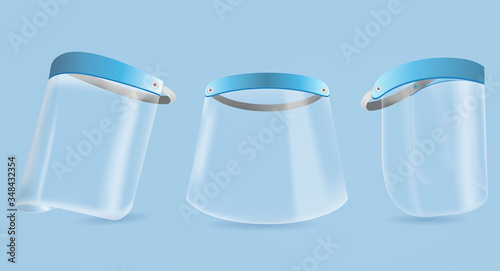 Medical face mask or shield. Transparent plastic helmet. face shield against germs COVID-19 virus epidemic. face shield protects against breathing bacteria virus COVID-19.