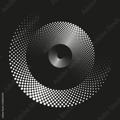 Halftone dots in circle form. Round logo or icon. Vector dotted frame as design element
