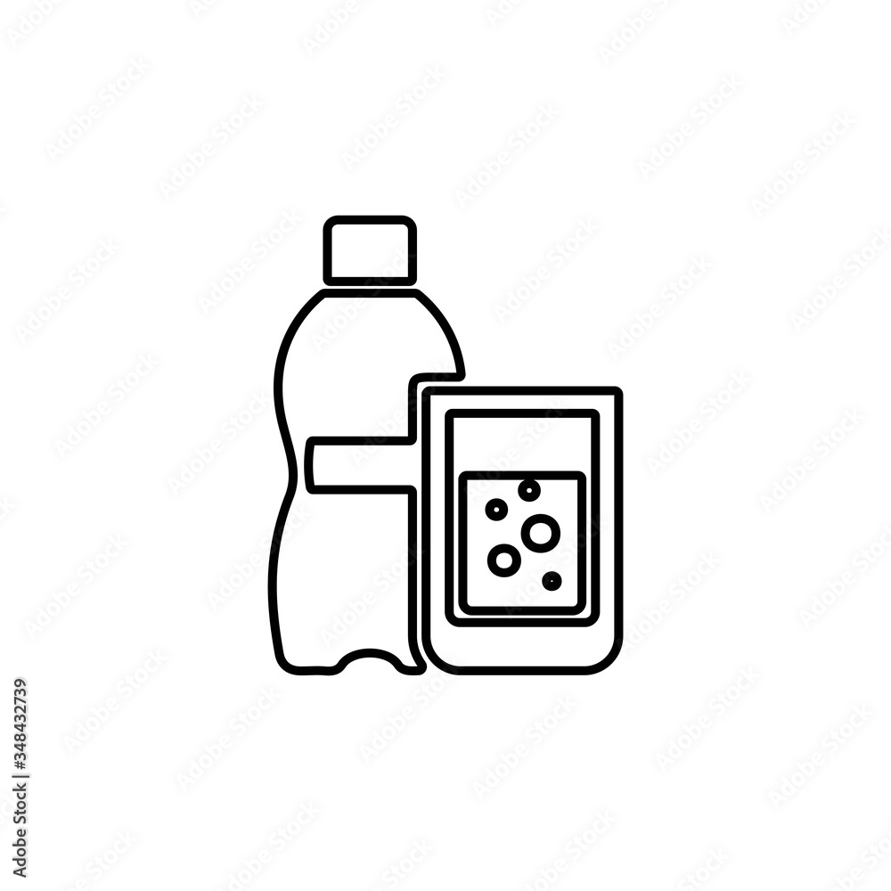 Bottle and glass of fresh sparkling water icon in flat style. Bottle and glass of fresh sparkling water icon in flat style.