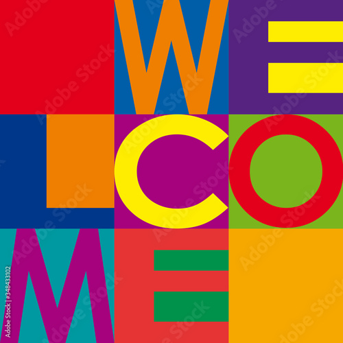 The word Welcome. Vector background, text decomposed in a chessboard made of colored squares