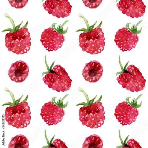 Watercolor pattern of raspberry. Hand drawn illustration isolated on white background. Juicy bright ornament.