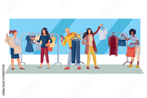 women and a man in a store buying clothes, a dress, a blouse, an isolated object on a white background, vector illustration,