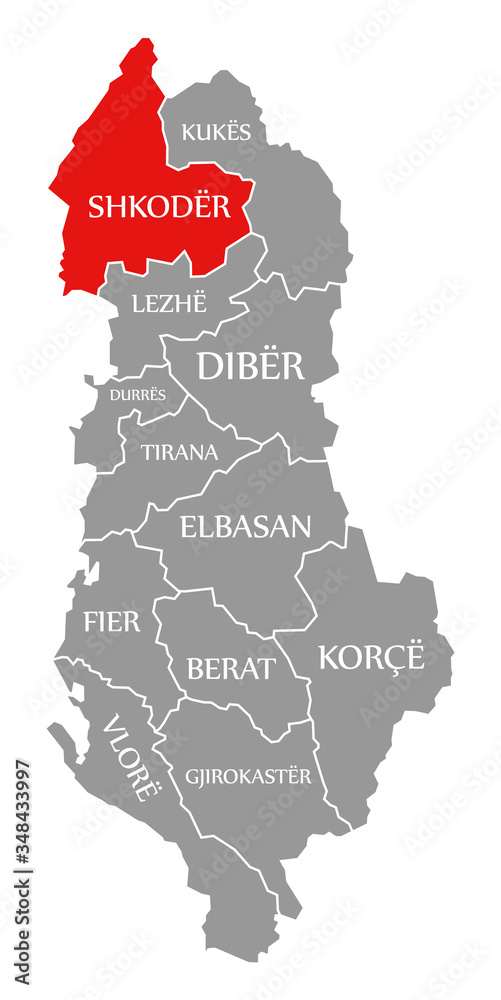 Shkoder red highlighted in map of Albania