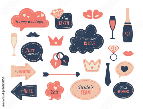 Wedding photo decoration set. Prop, flutes, bubbles, tags and frames with bride team or just married text, groom tie, ring. Vector illustration for wedding party, photobooth, marriage concept