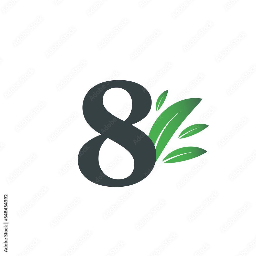 Number Eight logo with green leaves. Natural number 8 logo with green leaf. Number Eight logo with green leaves. Natural number 8 logo with green leaf.