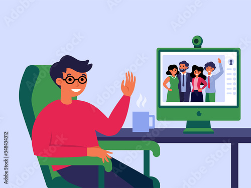 Young man having online chat with family. Conference call, app, desktop flat vector illustration. Social distance, quarantine, lockdown concept for banner, website design or landing web page