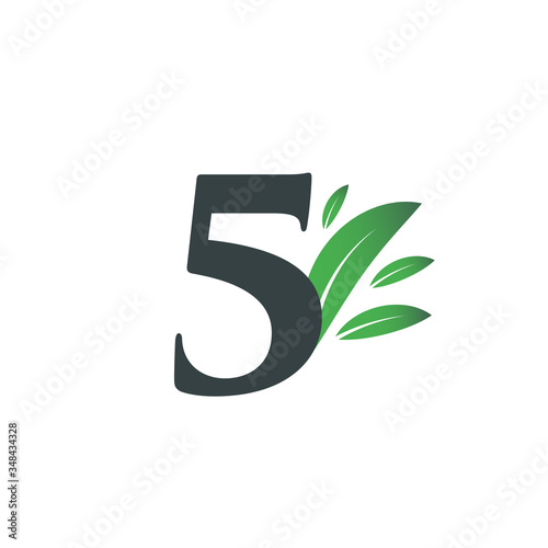 Number Five logo with green leaves. Natural number 5 logo with green leaf.