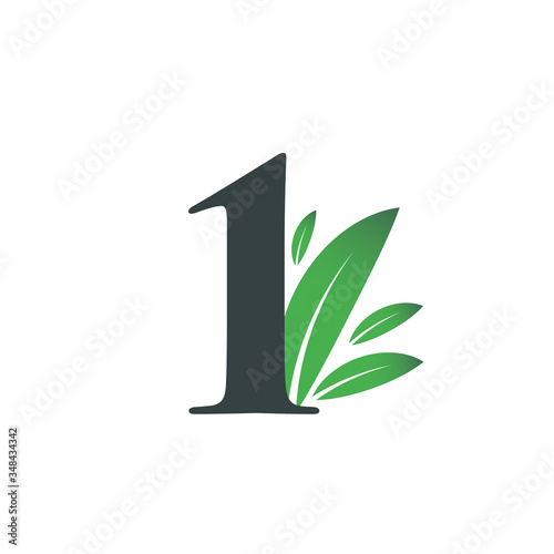 Number One logo with green leaves. Natural number 1 logo with green leaf.