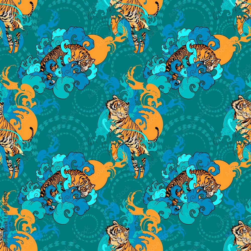 Obraz premium Tiger Chinese oriental element illustration with cloud and spread seamless pattern vector with green background 