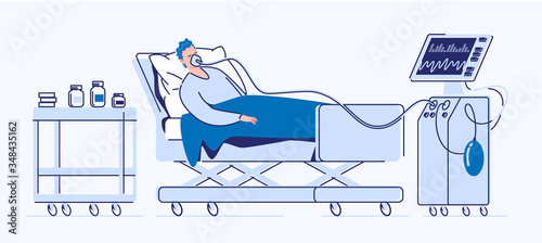 Intensive care of a seriously ill patient. A sick man lies in a medical bed on artificial lung ventilation. Vector. Illustration. Flat style