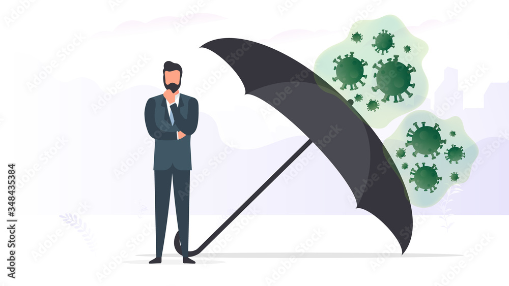 A virus-protected businessman is hidden under an umbrella. Virus attack on business. Vector illustration A virus-protected businessman is hidden under an umbrella. Virus attack on business. Vector illustration