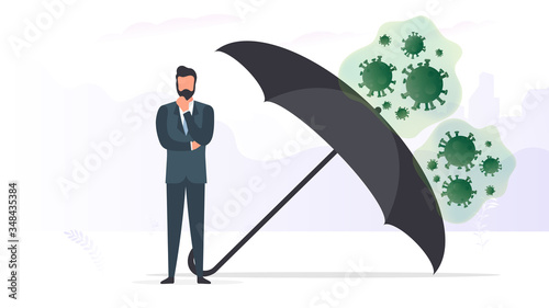 A virus-protected businessman is hidden under an umbrella. Virus attack on business. Vector illustration