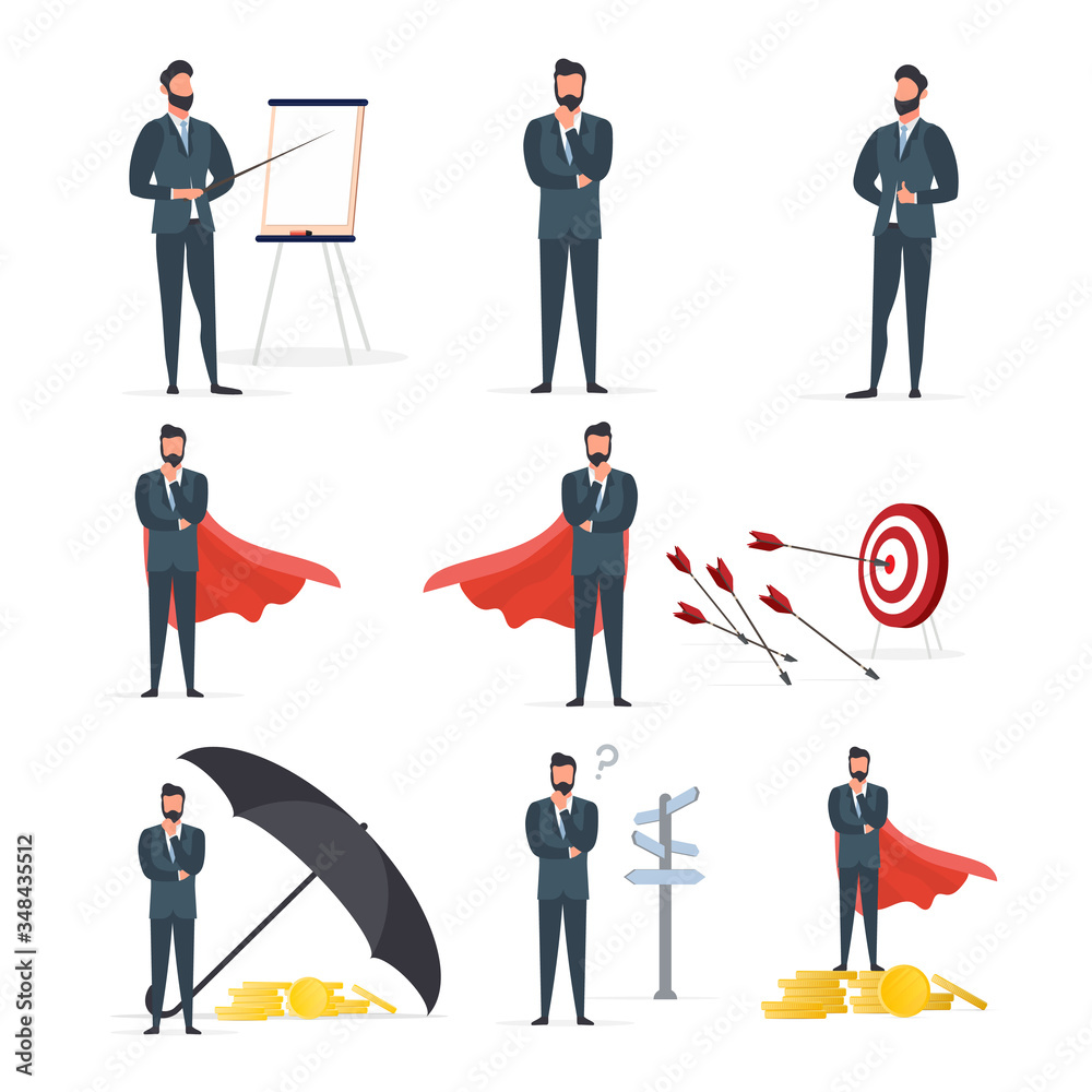 Big set Businessman in a business suit. A man in a classic suit. Good for presentation on business, motivation and investment. Isolated. Vector. Big set Businessman in a business suit. A man in a classic suit. Good for presentation on business, motivation and investment. Isolated. Vector.
