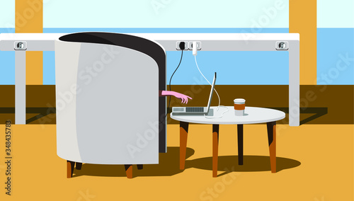 Woman having breakfast in the office while working sitting on an armchair that isolates, charge smartphone and laptop, hot coffee on the table