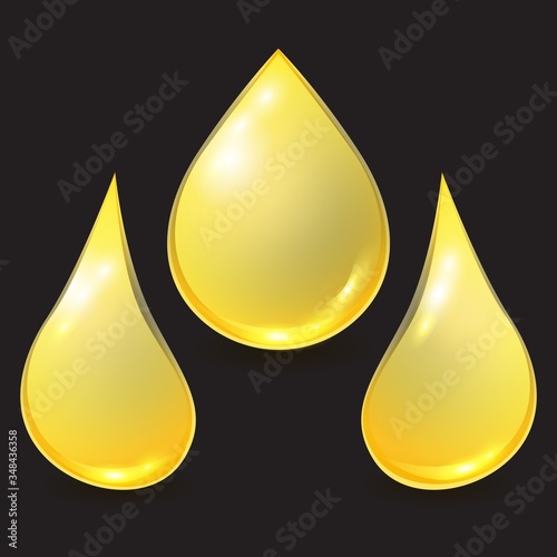 Vector set golden different oil or honey drops isolated on black background. 3D realistic illustration. Template for petrochemical, beekeeping or olive advertising.