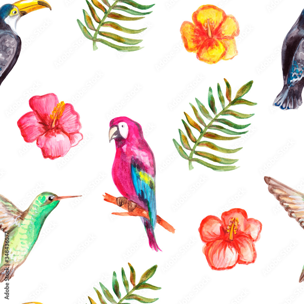 Seamless watercolor pattern of tropical leaves, flowers, fruits and birds. Hand painted pattern. Tropical summertime texture can be used as background, wrapping paper, textile or wallpaper.