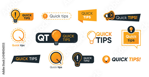 Quick tips letterings set. Abstract shapes, speech bubbles, lightbulbs, exclamation marks with text. Vector illustration for helpful advice, tricks, solution, suggestion concept photo