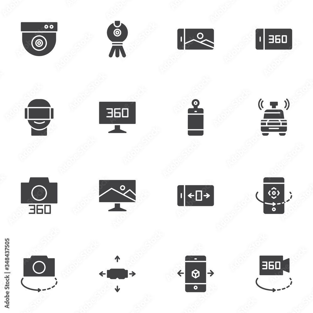 360 Degrees View vector icons set, modern solid symbol collection, filled style pictogram pack. Signs, logo illustration. Set includes icons as smartphone virtual reality view, vr headset, panoramic 360 Degrees View vector icons set, modern solid symbol collection, filled style pictogram pack. Signs, logo illustration. Set includes icons as smartphone virtual reality view, vr headset, panoramic