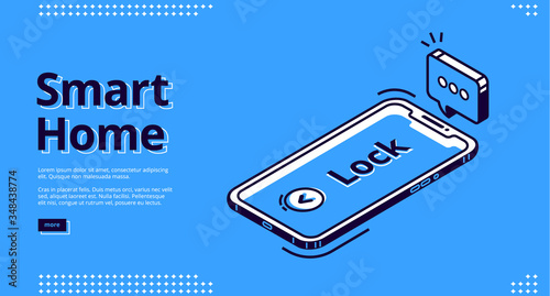 Smart home banner. Internet of things technology concept. Vector landing page of house control system with isometric icon of mobile phone with security monitoring, screen with Lock lettering