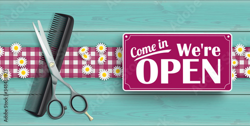 Turquoise Wood Daisy Scissors Comb Sign Open Header
