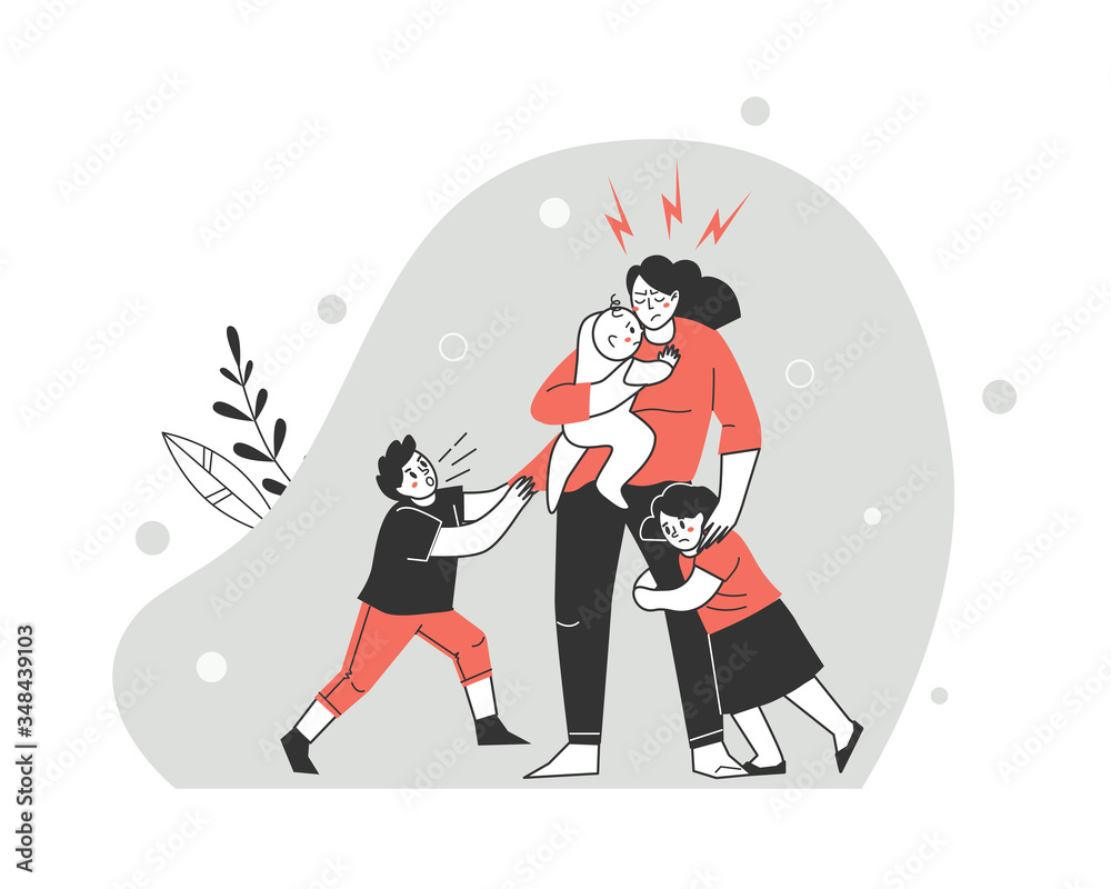 Family annoyance. Irritation and child fatigue of the mother. Cartoon vector illustration.