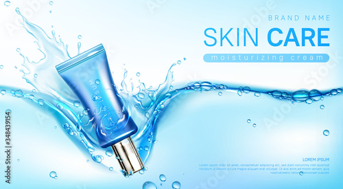 Face cream package in water splash. Vector realistic brand poster with moisturizing skincare gel or makeup cosmetics in blue tube falling in water surface. Promo banner, advertising background