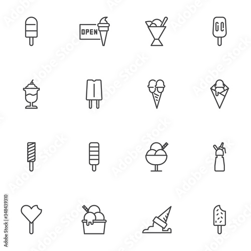 Ice cream shop line icons set, outline vector symbol collection, linear style pictogram pack. Signs, logo illustration. Set includes icons as popsicle stick, waffle cone ice cream, sundae scoop, syrup