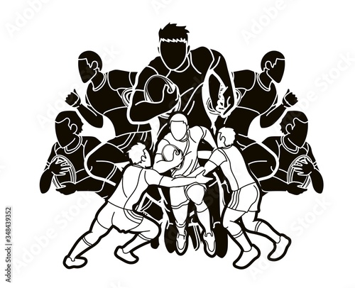 Group of Rugby players action cartoon sport graphic vector.