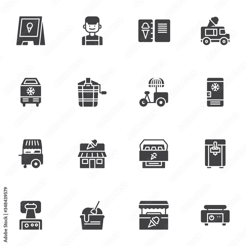 Ice cream shop vector icons set, modern solid symbol collection, filled style pictogram pack. Signs, logo illustration. Set includes icons as ice cream delivery truck, menu book, fridge, store, bike Ice cream shop vector icons set, modern solid symbol collection, filled style pictogram pack. Signs, logo illustration. Set includes icons as ice cream delivery truck, menu book, fridge, store, bike