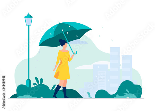 Young girl with orange umbrella flat vector illustration. Woman walking in rainy weather in park. City buildings on background. Rain season. Autumn and landscape concept.