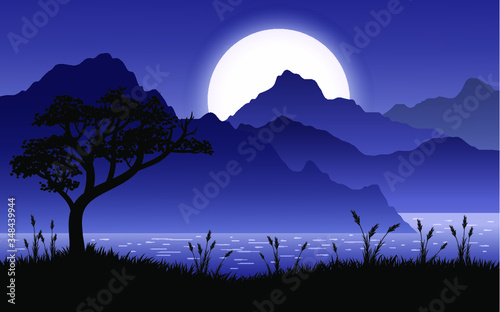 landscape in lake with mountains and moon