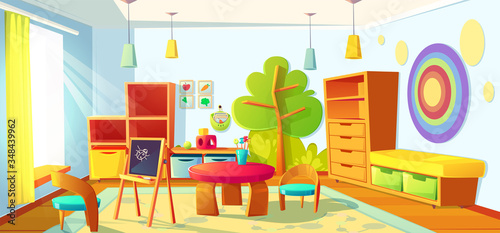 Kids playroom interior, empty indoors nursery room playground with montessori toys, wooden furniture, shelves and equipment for games and studying, blackboard and desk. Cartoon vector illustration